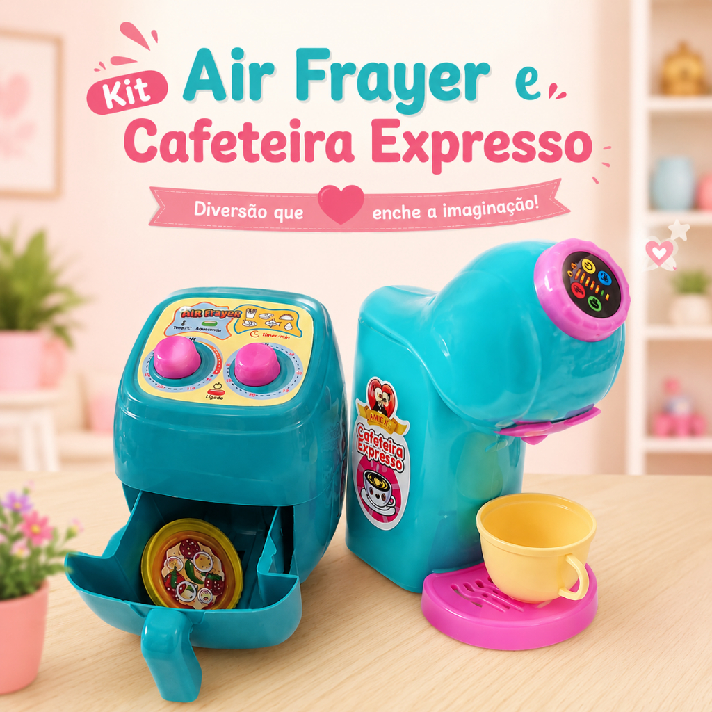 Kit Air Fryer E Cafeteira Infantil Para Cozinha De Brinquedo Ayer Frayer Air Fyer