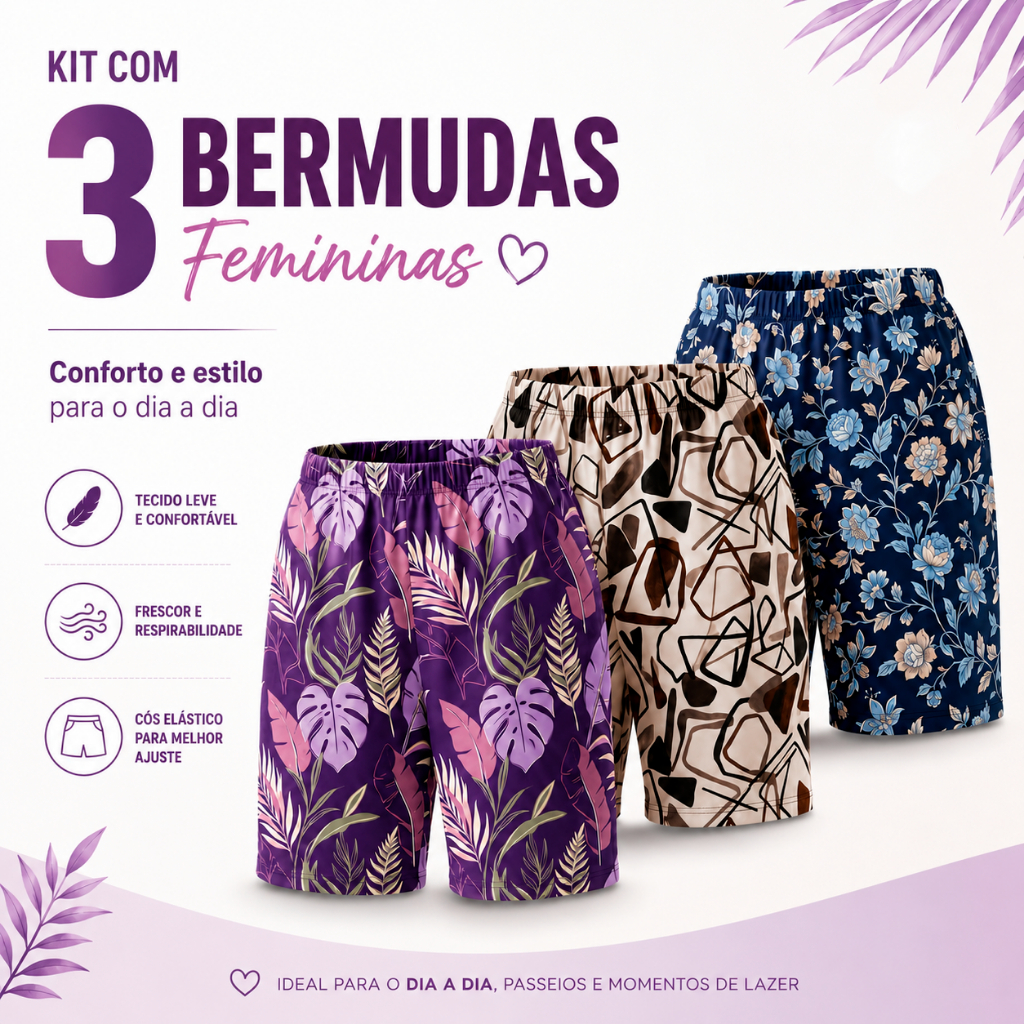 Kit com 3 Bermudas de Senhora – Leves, Confortáveis e Fresquinhas