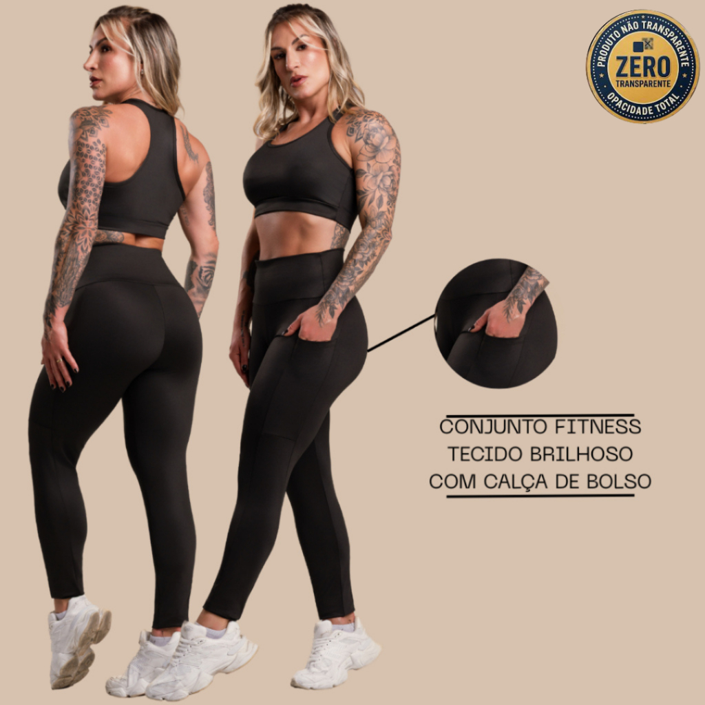 Conjunto Fitness Feminino Brilhoso Academia Top Nadador Liso e Calça Legging Bolso Cintura Alta ZERO TRANSPARÊNCIA