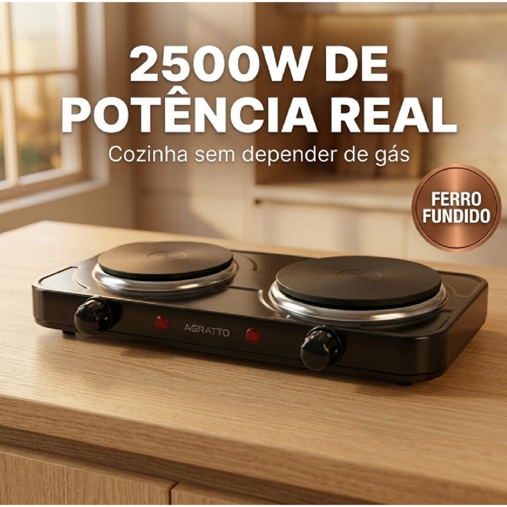 Fogão Cooktop Elétrico Portátil 220v 2 Bocas 2500W Mesa Preto Agratto Sem Gás Ferro Fundido Limpa Facil