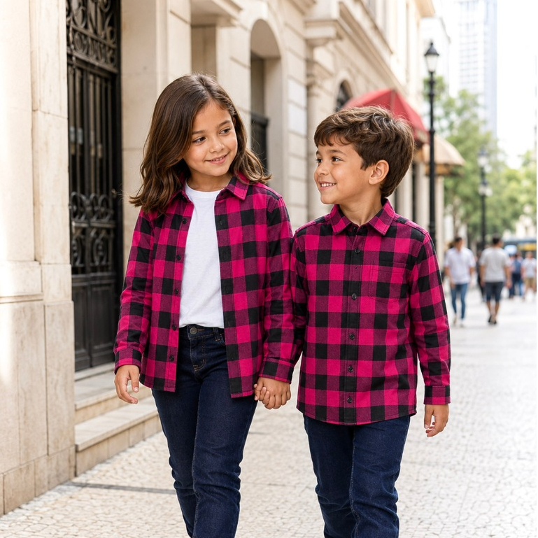 Camisa Xadrez Infantil Rosa Pink e Preta Unissex Menino Menina Manga Longa Festa Junina Tam 2 a 10