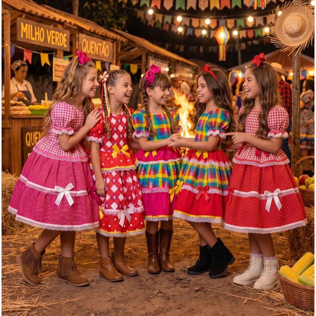 Vestido Junino Quadrilha Caipira Xadrez Infantil Menina Festa Quermesse Colorido Pink Rosa Vermelho