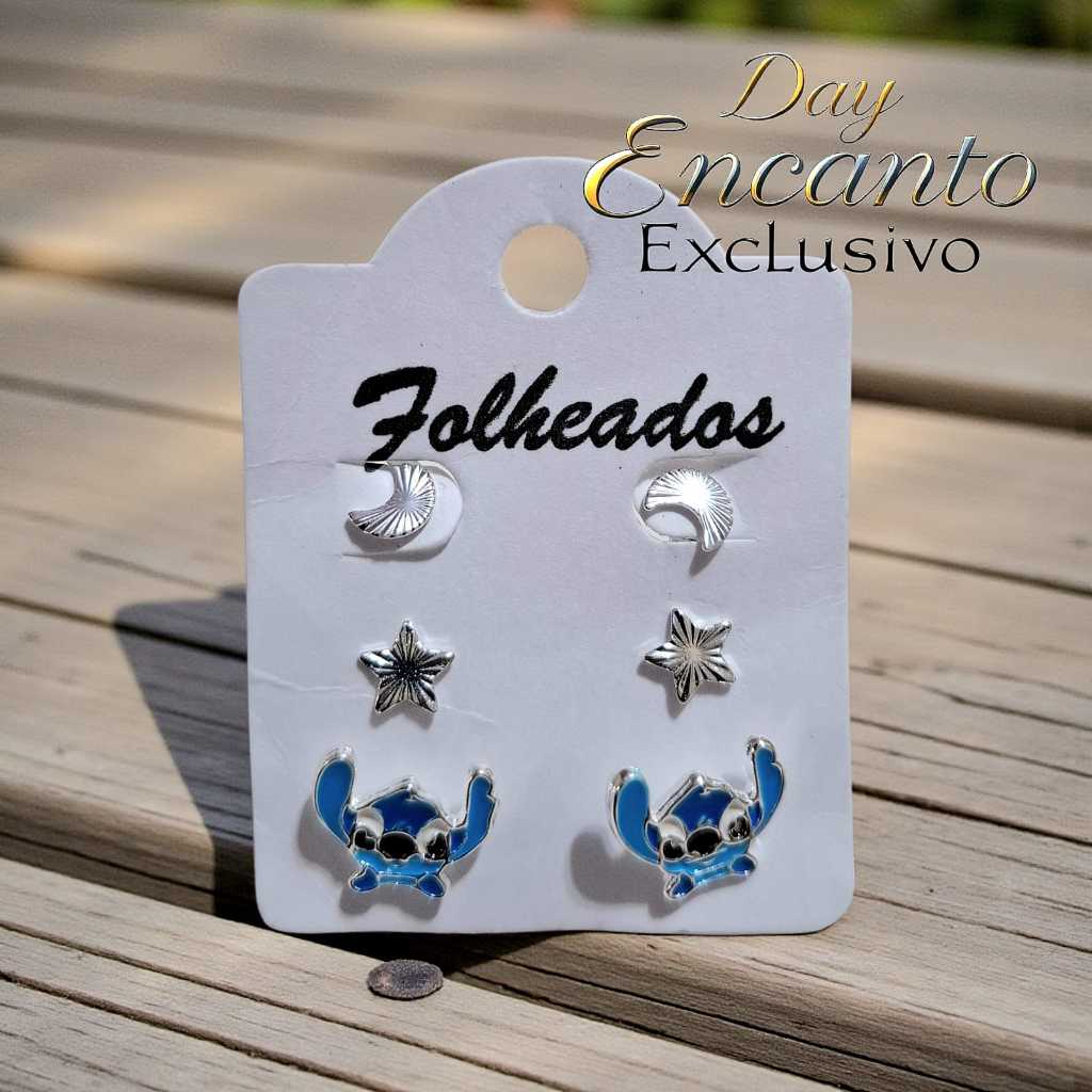 Brincos Stitch Cartela folheados a Prata 925 e Ouro 18k