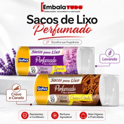 Saco de Lixo Perfumado Lavanda ou Canela com 100 unidades Resistente Banheiro Pia Odor Neutralizado