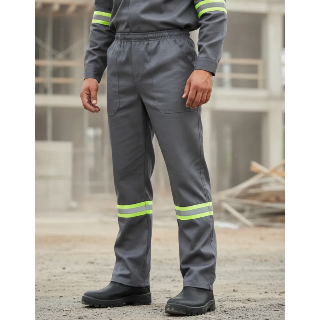 Calça com Faixa Refletiva Brim Grosso Reforçada Uniforme para Trabalho Obras Rodovias 100% Algodão