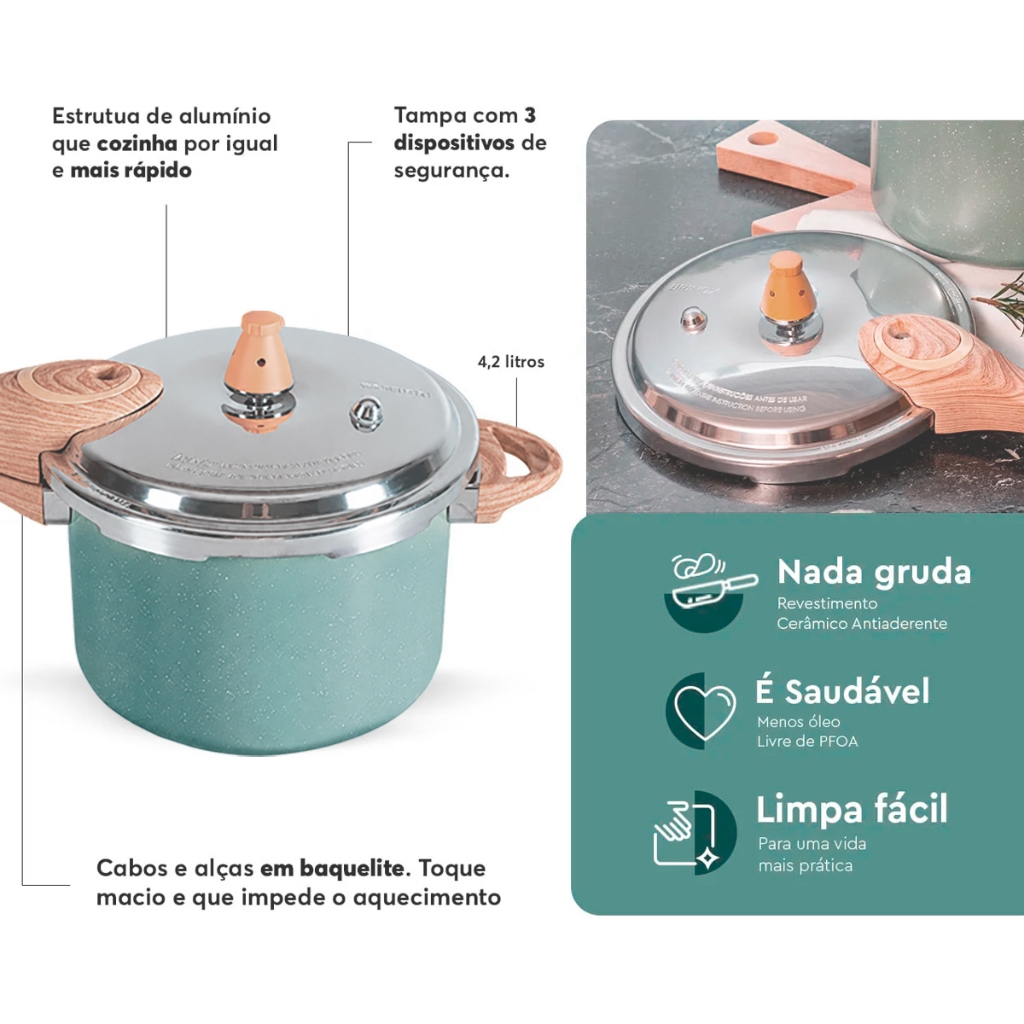 Panela de Pressão 2 em 1 Brinox 4,2L Ceramic Life Botanika Indução + Jogo de tigelas Inox 5 pçs · foto 2