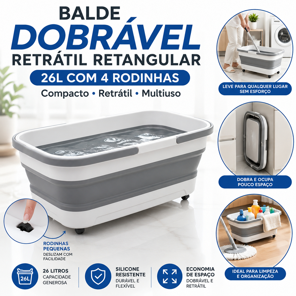 Balde Dobrável Retrátil Retangular Multiuso SIlicone 26L Com 4 Rodinhas