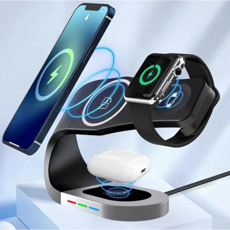 Carregador Sem Fio MagSafe 3 em 1 Magnético 15W para iPhone Apple Watch e AirPod