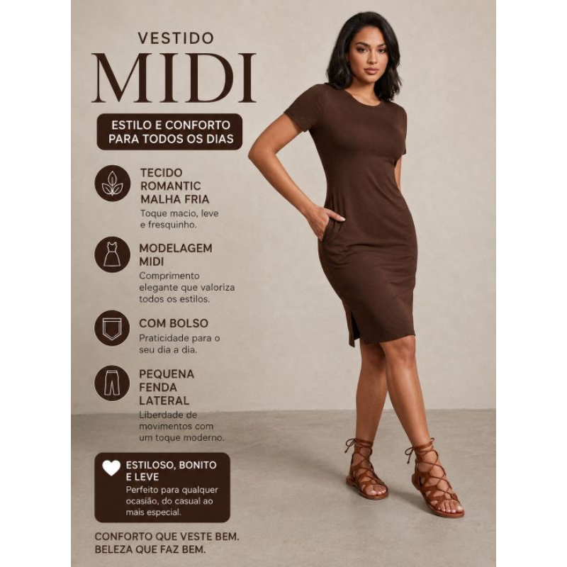 vestido midi de bolso   moda feminina elegante tamanho único g veste do 40 ao 44 tecido viscola laycra,