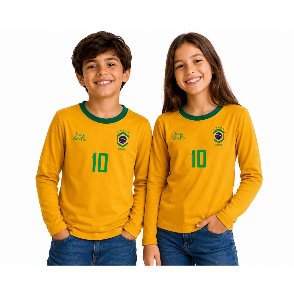 Camiseta Manga Longa Infantil Juvenil Unissex PV Malha Fria do 2 ao 14 Brasil Futebol Hexa Confortável