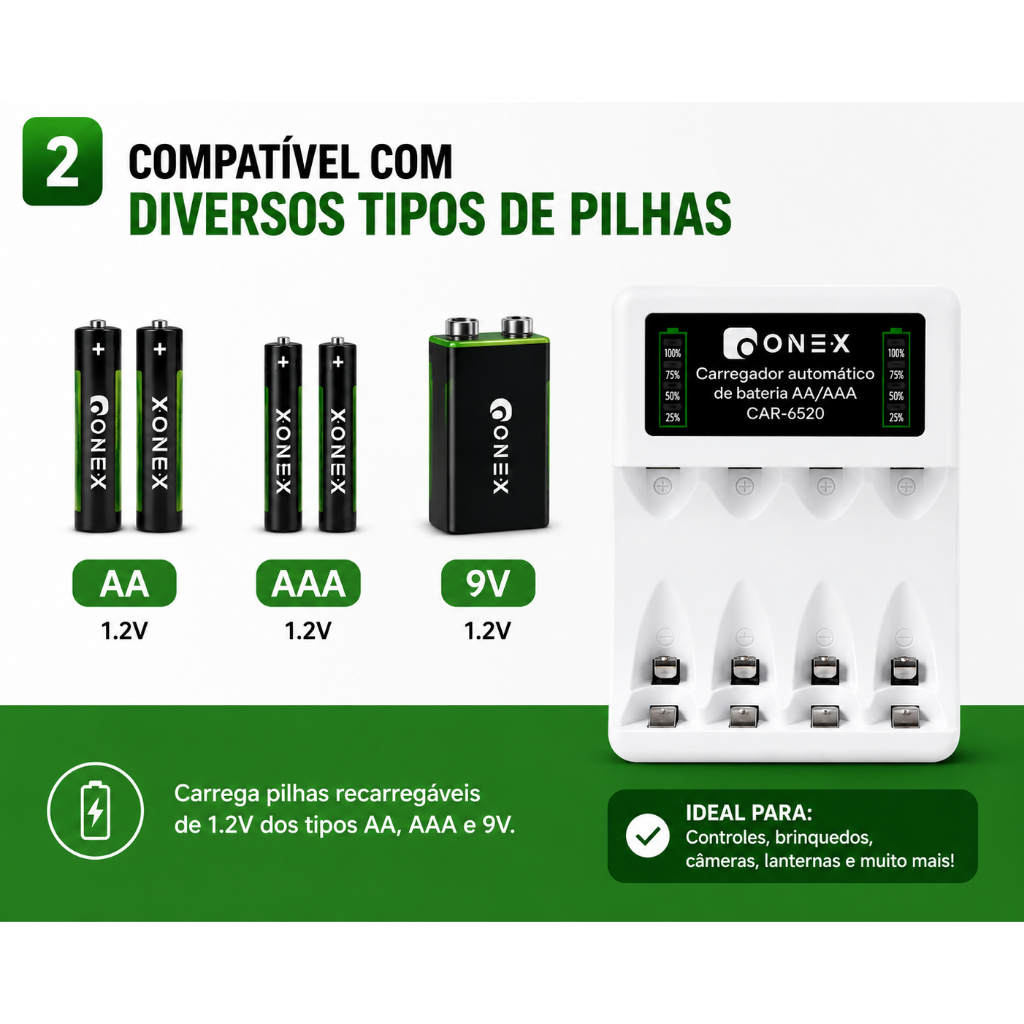 Carregador de Pilhas Recarregáveis AA AAA 9V USB Inteligente com Display LCD – Carregamento Rápido e Seguro