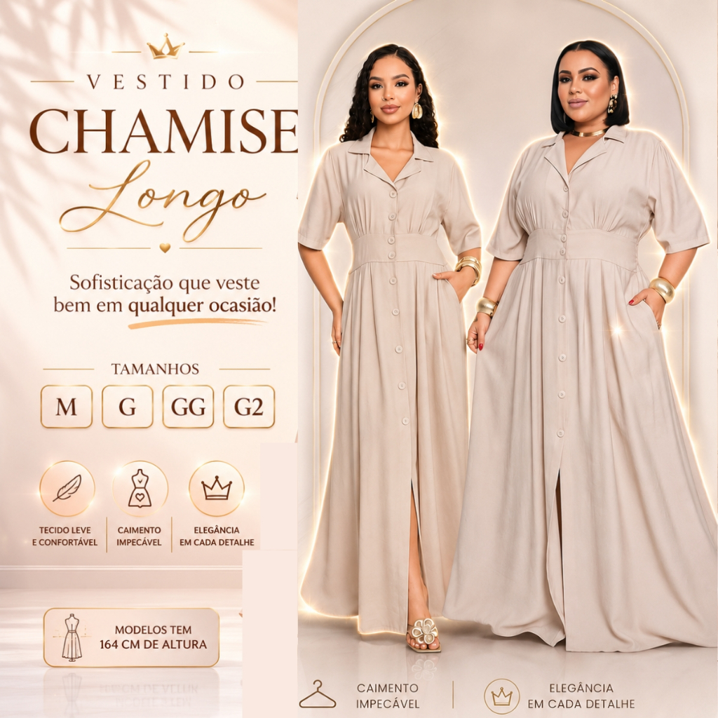 🩷Vestido Femenino Chemise Longo Elegante Plus Size Con Botões, Manga 3/4, Ajustable🩷