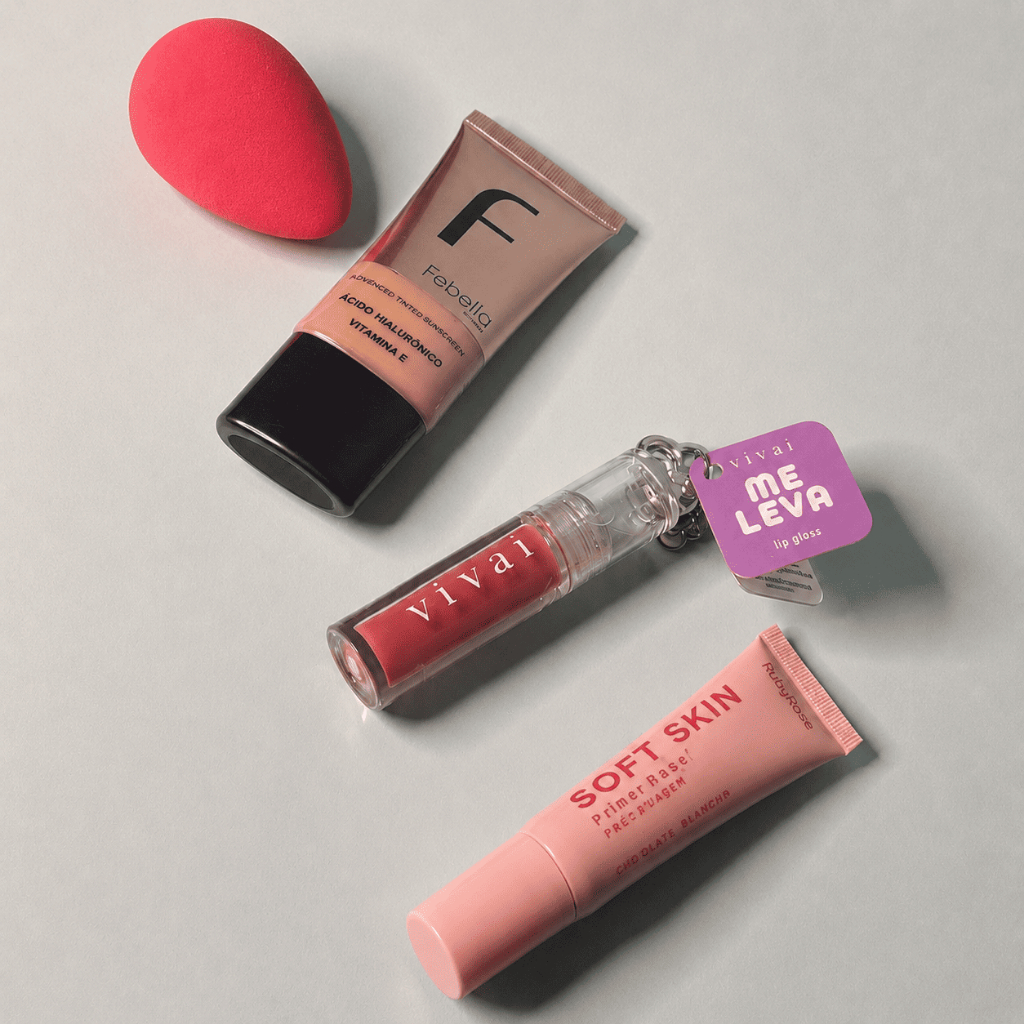 Kit Maquiagem Para o Dia a Dia Primer Ruby Rose + Base febella + Lip Gloss Vivai +Esponja Gota.