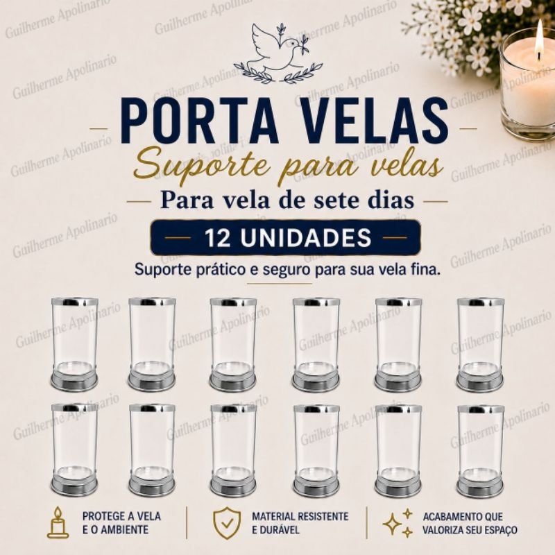 Kit C/ 12 Suporte de Velas, Porta Velas de 7 dias, protetor de vela, castiçal transparente