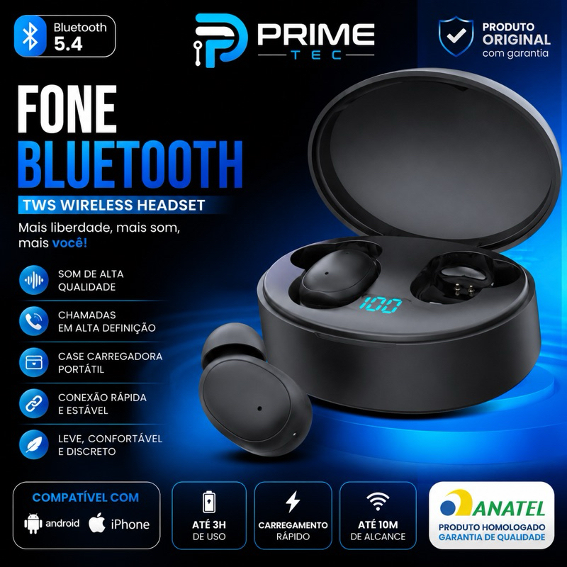 Fone Bluetooth 5.4 Sem Fio TWS Wireless Headset Com Case Carregador Android e iPhone
