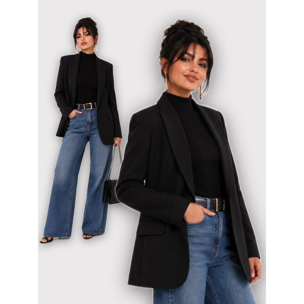 Blazer Max Feminino Alfaiataria Elegante Premium Preto Clássico Social Casual- Moda Outono Inverno