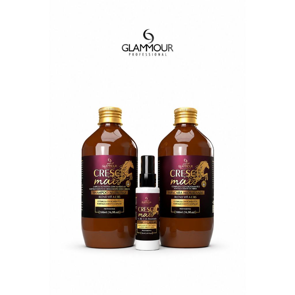 Kit Cresce Mais Glammour Shampoo + Máscara 500ml + Tônico 30ml Barba Cabelo e Bigode