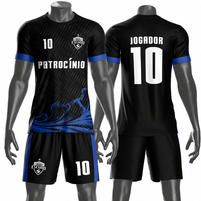 Uniforme jogador futebol amador esportivo camiseta e calção personalizavél nome número escudo mod 34