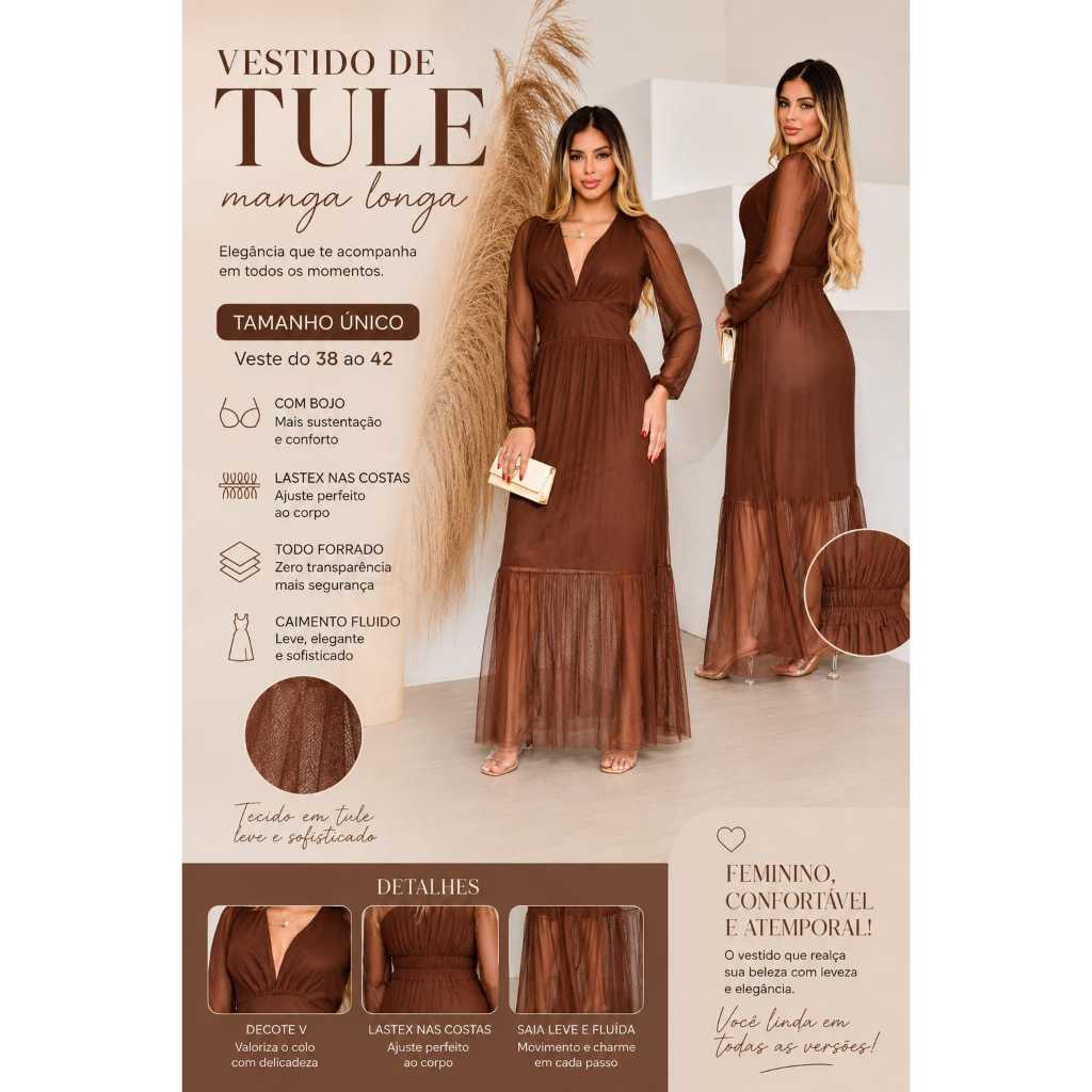 Vestido longo Feminino de tule manga longa de festa, casamento com bojo todo forrado