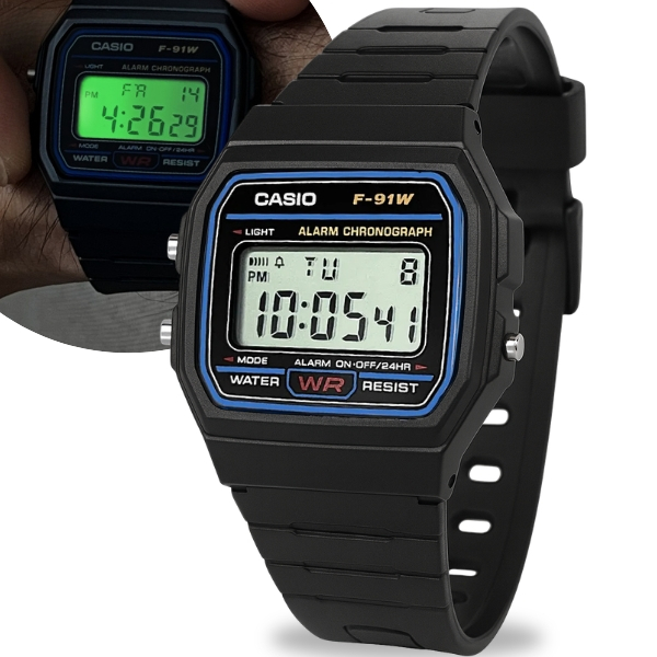 Relógio Casio Masculino F-91W Digital De Pulso Moderno Esportivo Vintage Preto Calendário Alarme Original