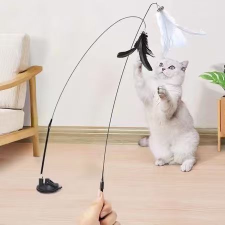 2pcs Brinquedo Interativo Varinha para Gatos com Ventosa, Pena de Pássaro e Base Fixa - Estímulo Caça