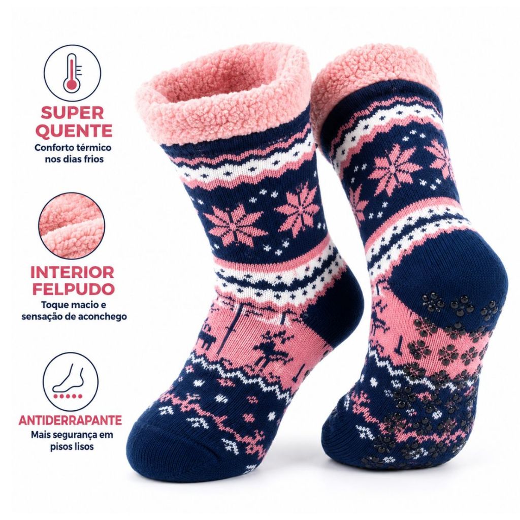 Meia Pantufa Felpuda Antiderrapante Super Quente Inverno Pé Gelado Frio Pelúcia