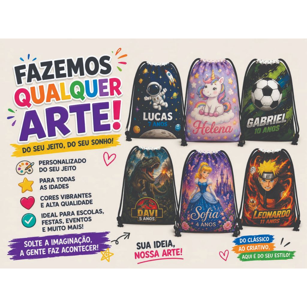 30 Mochilas Saco Personalizadas sacoxila Lembrancinha Aniversário Infantil qualquer tema 20x30 PROMOÇÃO