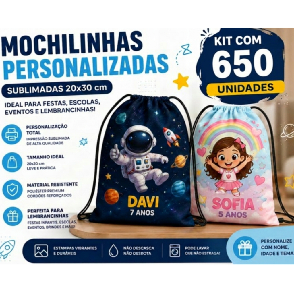Mochilinhas Personalizadas 20x30cm Kit aniversário ideal para festa infantil, escola, brindes e eventos