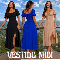 Vestido Midi Romantico Com Manga Curta Possui Forro Tem Fenda na Frente e Elastex nas Costas (M G)