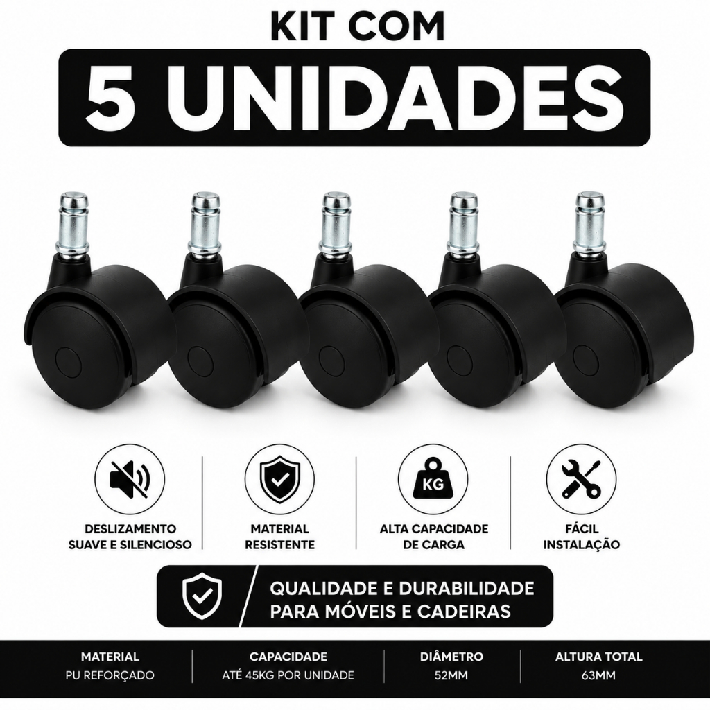 Roda Cadeira Gamer Giratória Escritório Kit 5 Rodinhas Universal Não Risca Baixo Ruido -PU Reforçado