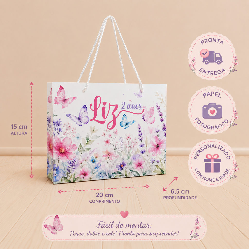 Kit 10 Até 30 Sacolinhas Personalizadas Jardim Encantado Borboletas Chá de Bebê Festa