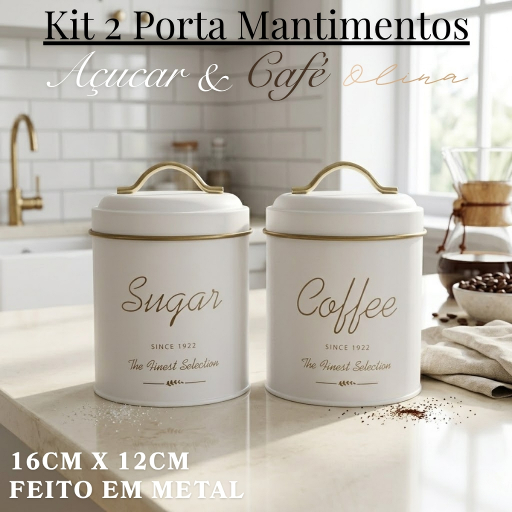 Jogo 2 Porta Mantimentos Lata Metal Açucar e Café 12x16cm Bege Multiuso Decorativo Olina Luxo