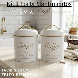 Jogo 2 Porta Mantimentos Lata Metal Açucar e Café 12x16cm Bege Multiuso Decorativo Olina Luxo