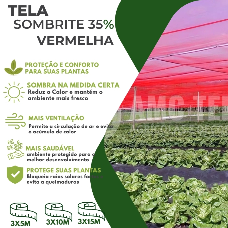 Tela Sombrite Sombreamento 35% Vermelho 3,00 Largura Jardim Viveiro Estufa Orquidário Pergolado Piscina Decoração