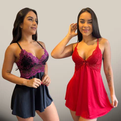 Kit 2 Camisolas Feminina Rendada Luxo Pijama Sem Bojo Sexy Modelos Diferentes Lynda Lingerie Lisa Noite Feminino Sensual