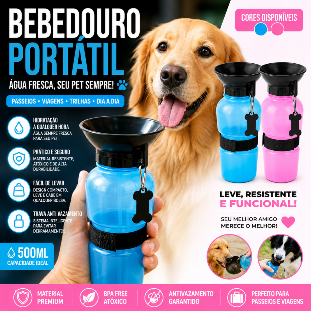 Bebedouro Portátil Pet 500ml para Cachorro e Gato Água Passeio Viagem