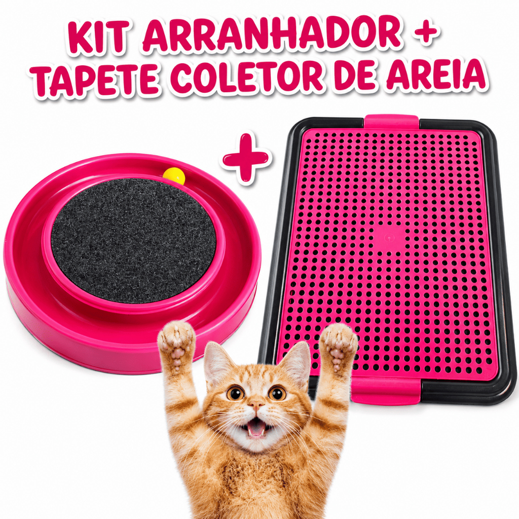 Kit Tapete Coletor de Areia Anti Sujeira + Arranhador Redondo Bolinha Brinquedo Interativo para Gatos