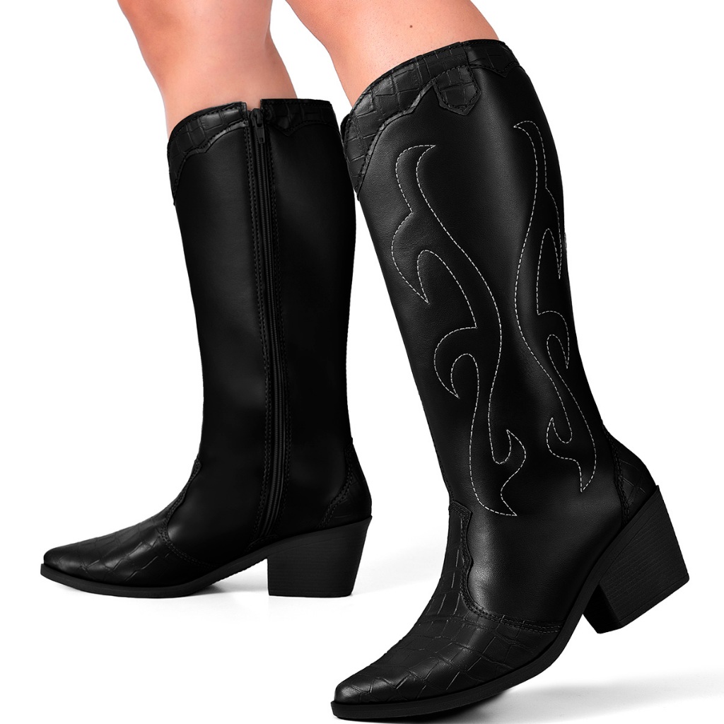 Bota Feminina Lumiss Country Western Texana Salto Grosso Bico Fino Confortável Croco Preto