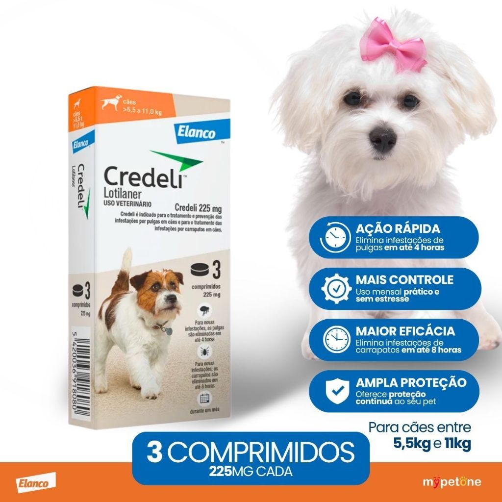Credeli 225mg (5,5 a 11Kg) C/ 3 Comprimidos - Antipulgas e Carrapatos P/ Cães