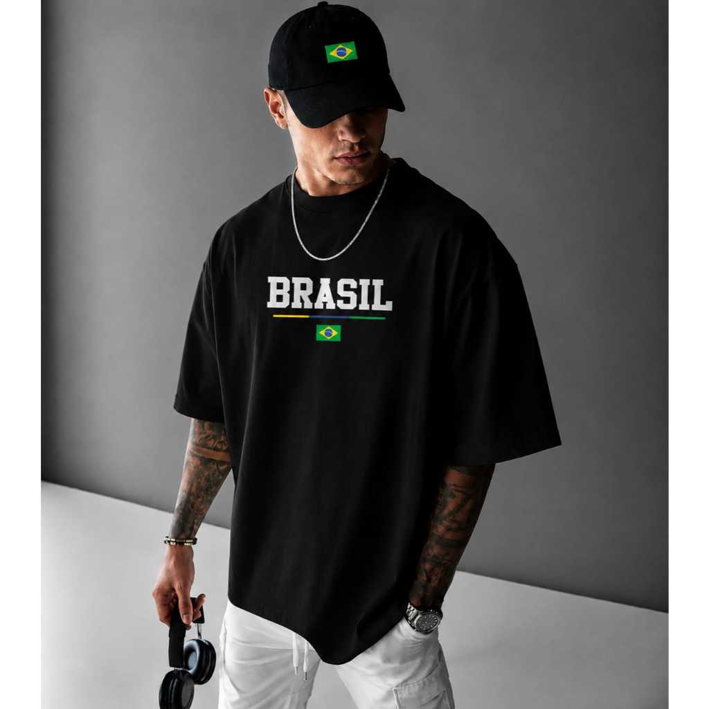 Kit Camiseta  Masculina Premium Oversized Brasil Copa + Boné Preto Bandeira Brasil Combo Streetwear