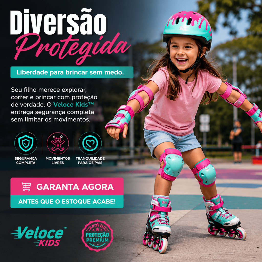 Kit Proteção Infantil Veloce Kids™ 7 Peças Capacete Joelheira Cotoveleira Munhequeira Ajustável para Bicicleta Skate