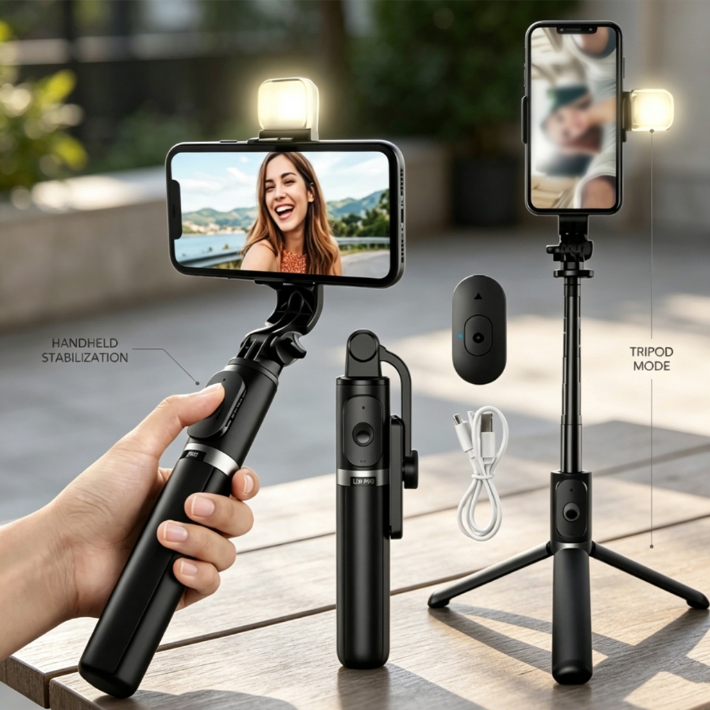 Tripé Selfie para Celular com Luz LED e Controle Bluetooth – Bastão de Selfie Ajustável com Tripé