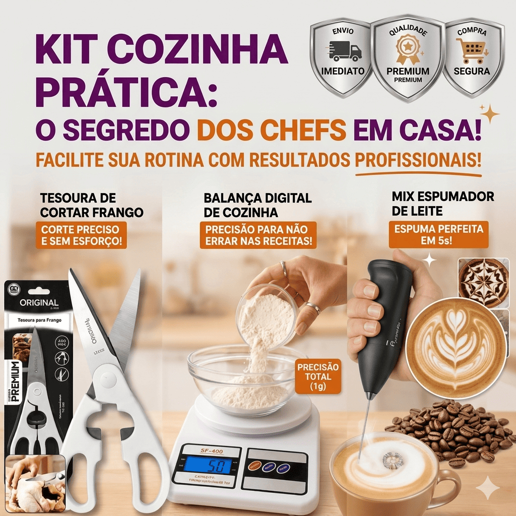 Kit Cozinha Completa: 1 Tesoura Frango Aço Inox + 1 Balança Digital 1g + 1 Mix Espumador Leite - Praticidade e Precisão