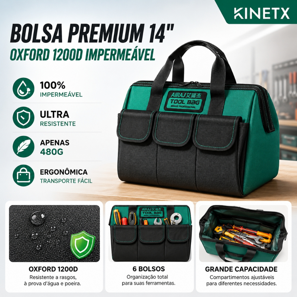Bolsa Para Ferramentas KINETX 14" Premium Oxford 1200D Impermeável Reforçada Com 6 Bolsos