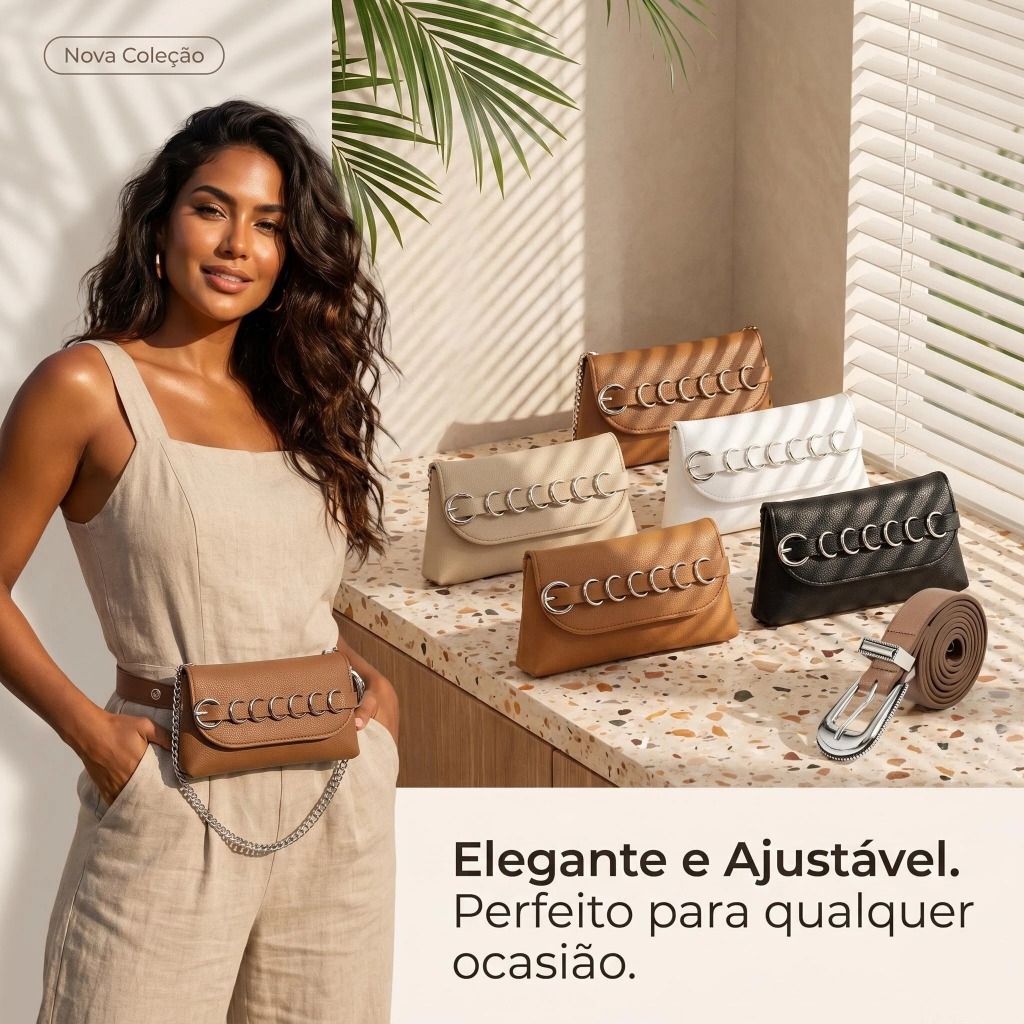 Pochete Cinturão Transversal Feminina com Corrente, Couro Lychee, 2 em 1, Moda Casual