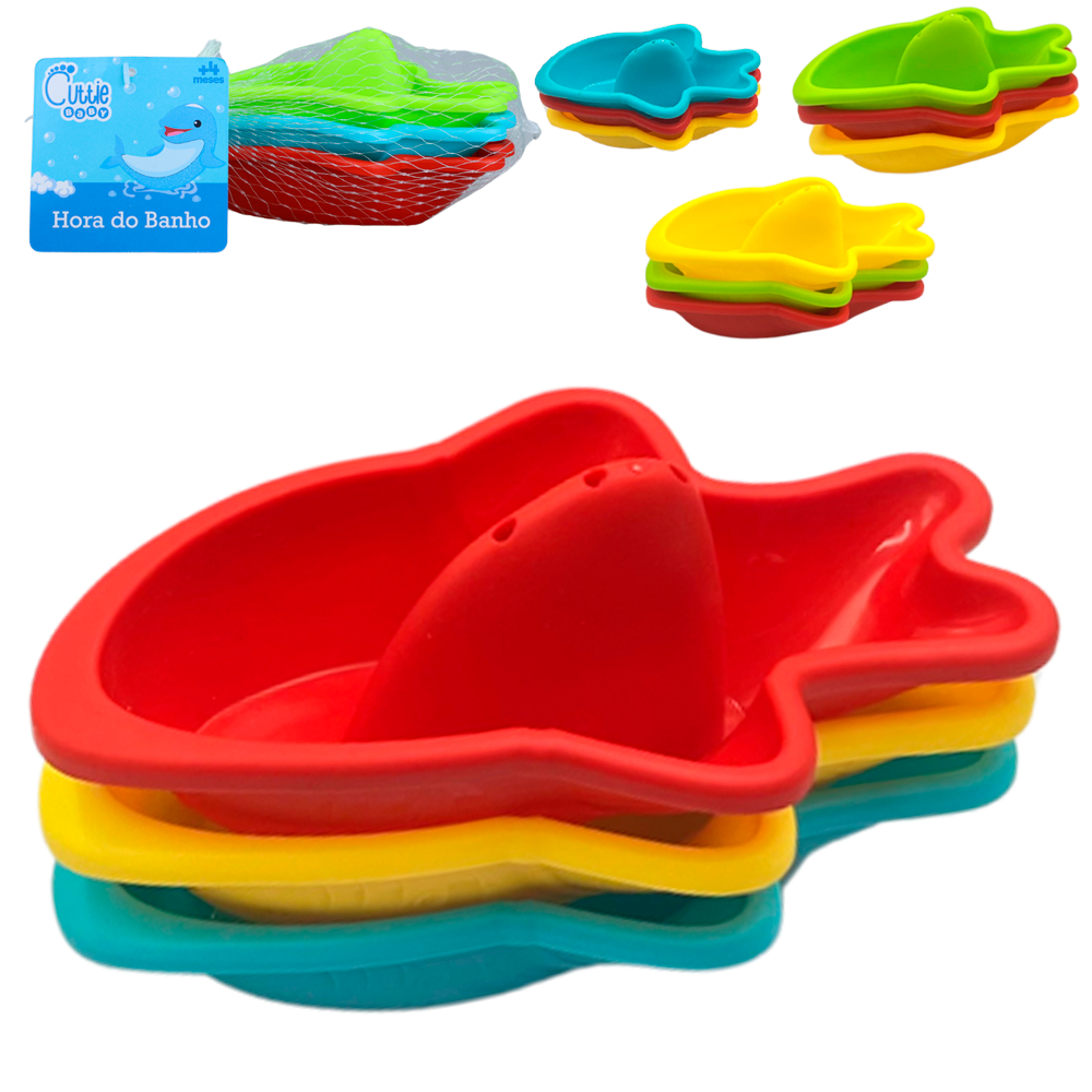 Kit 3 Barquinhos Para Banho Bebê Infantil Empilhável Colorido Brinquedo Água Barco Banheira