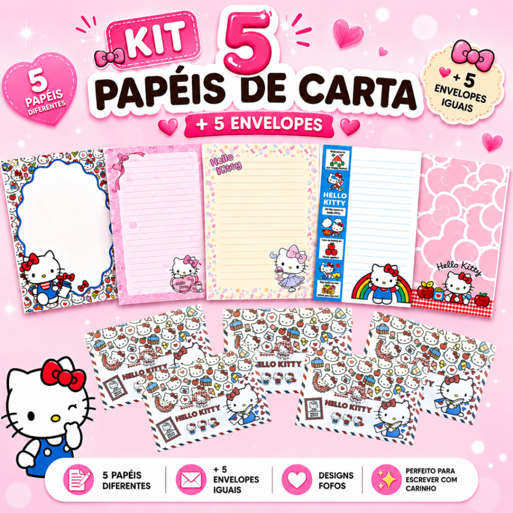 PAPEL PARA CARTA COM ENVELOPE HELLO KITTYCARTELA DE ADESIVO LACRE