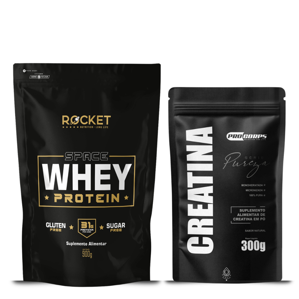 Kit Whey 900g + Creatina Pura 300g Massa Muscular Fitness