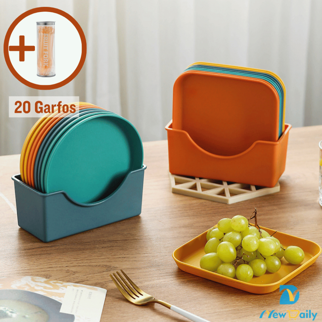 Kit 10 Pratos Com Suporte Sobremesa Plásticos Para festa Duros Reutilizaveis Prato de churrasco Com suporte CZ-03-BC