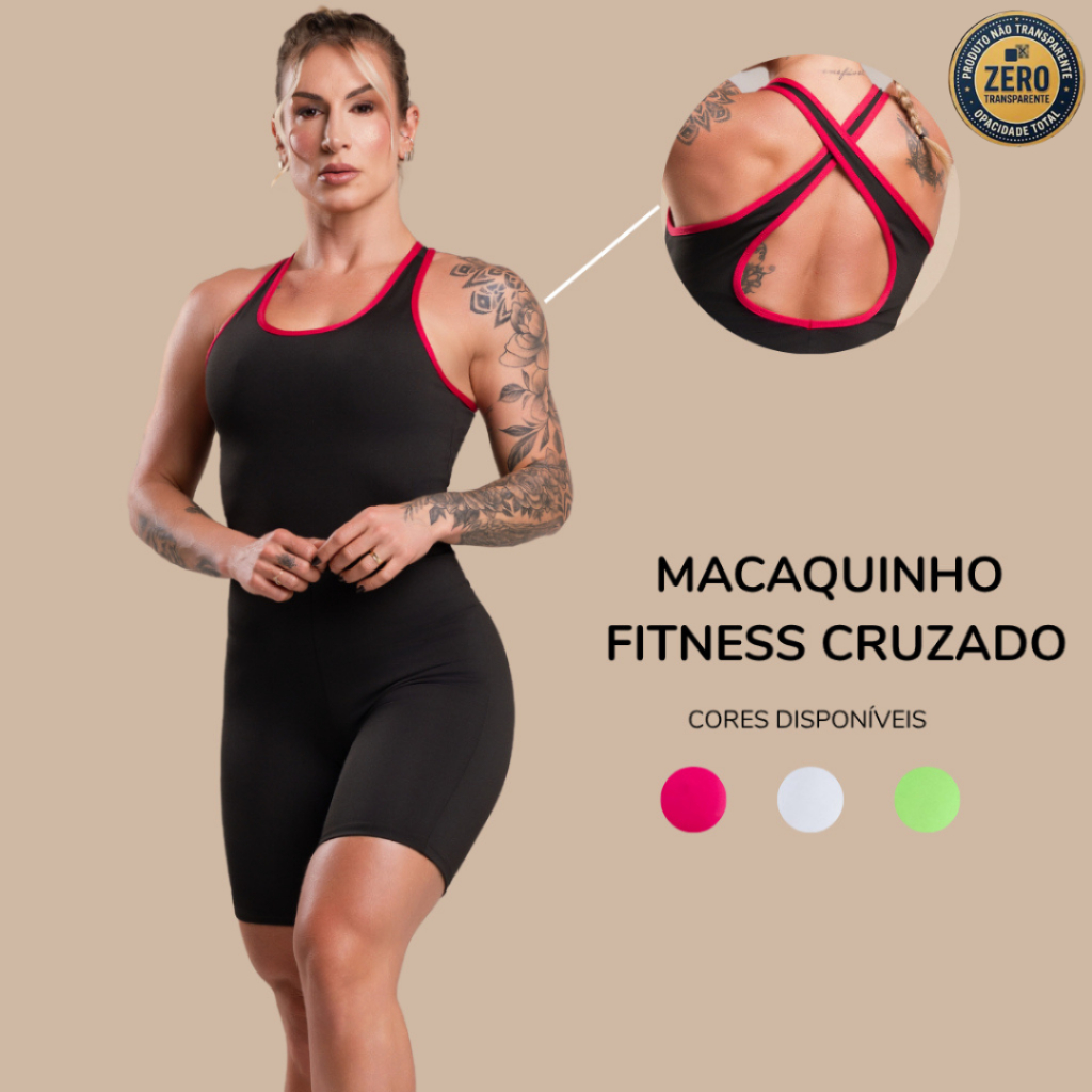 Macaquinho Macacão Academia Fitness Cruzado Detalhe Cor Feminino Academia Corrida Treino ZERO TRANSPARÊNCIA